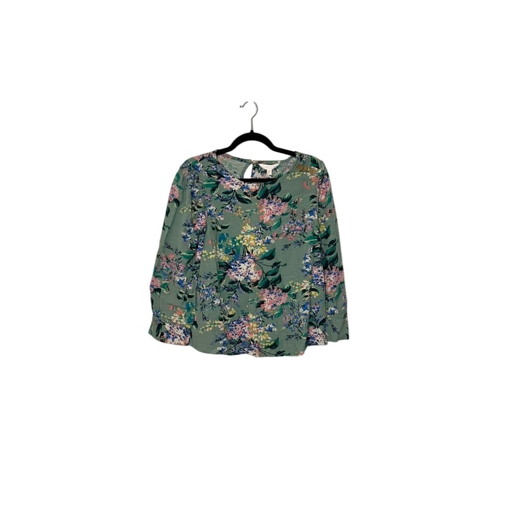 LC Lauren Conrad Floral Blouse Women's Medium Long Sleeve Green Pink Blue NWT